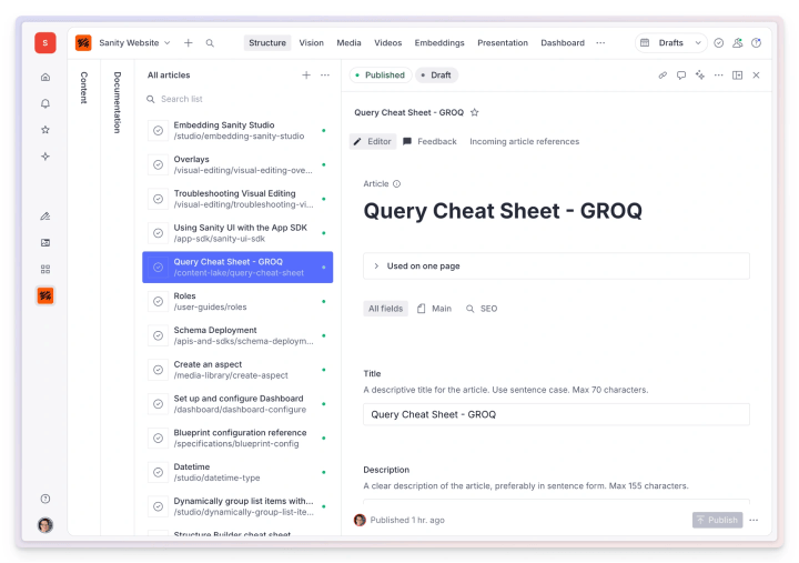 Sanity Studio document list and editor view showing a structured article form.