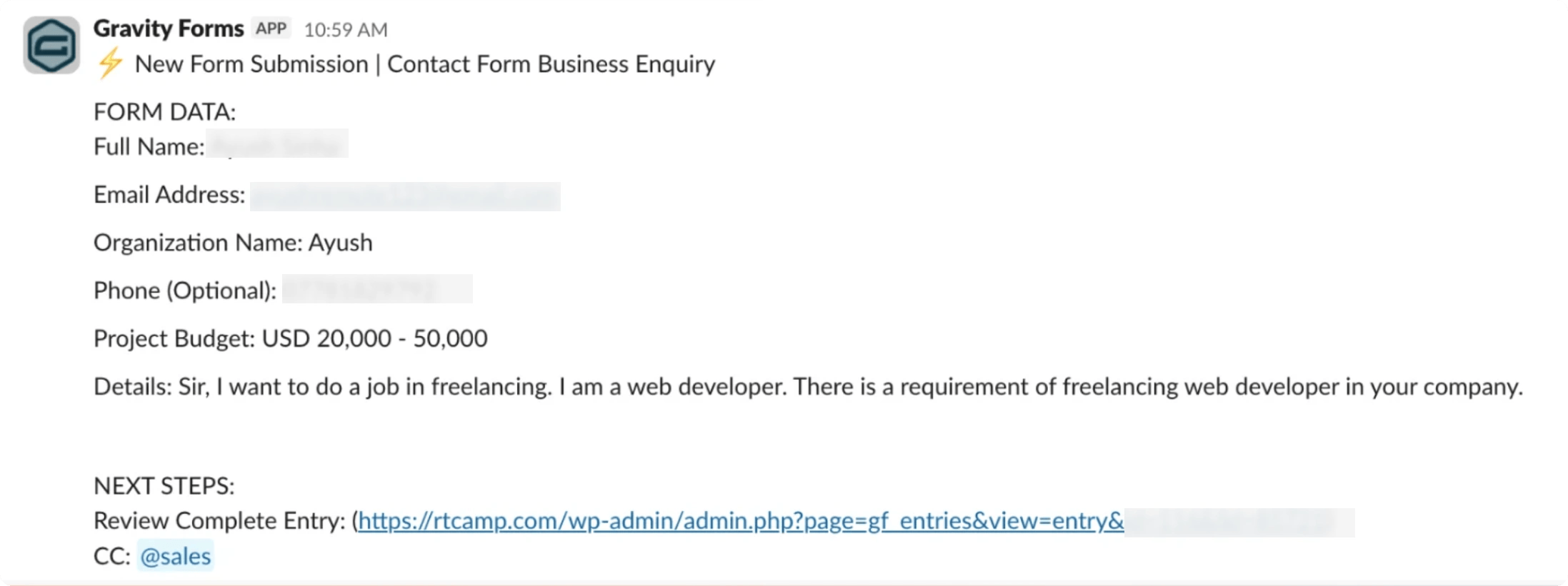 Spam leads submitted through the business enquiry form