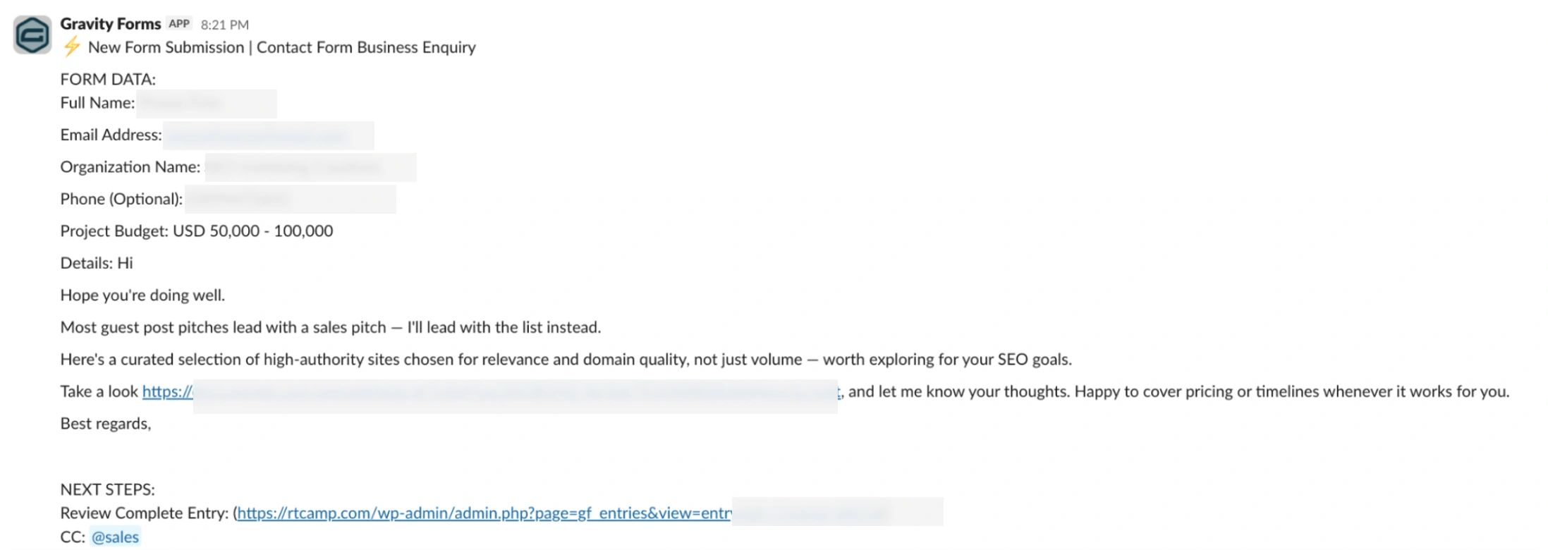 Spam leads submitted through the business enquiry form