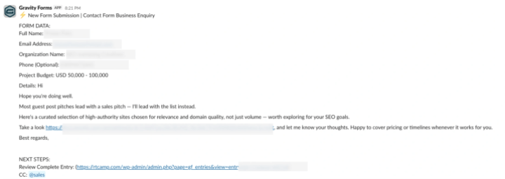 Spam leads submitted through the business enquiry form
