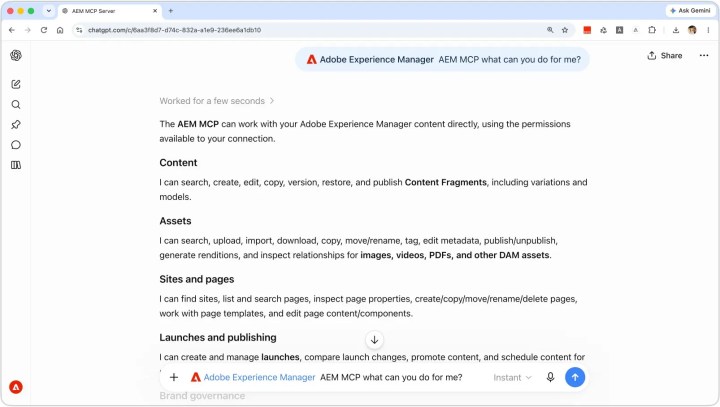 AEM Content MCP Server in ChatGPT listing actions for content fragments, assets, pages, and publishing