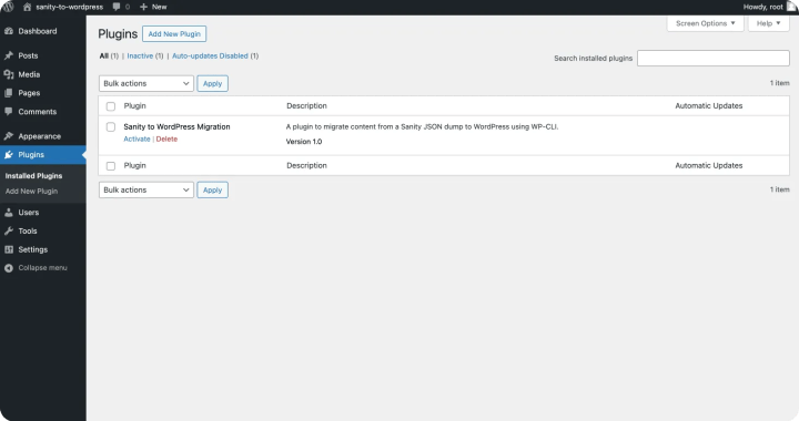 WordPress Plugins screen with the Sanity to WordPress Migration plugin installed.