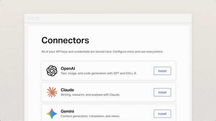 WordPress 7.0 Connectors screen with OpenAI, Claude, and Gemini AI providers available to install